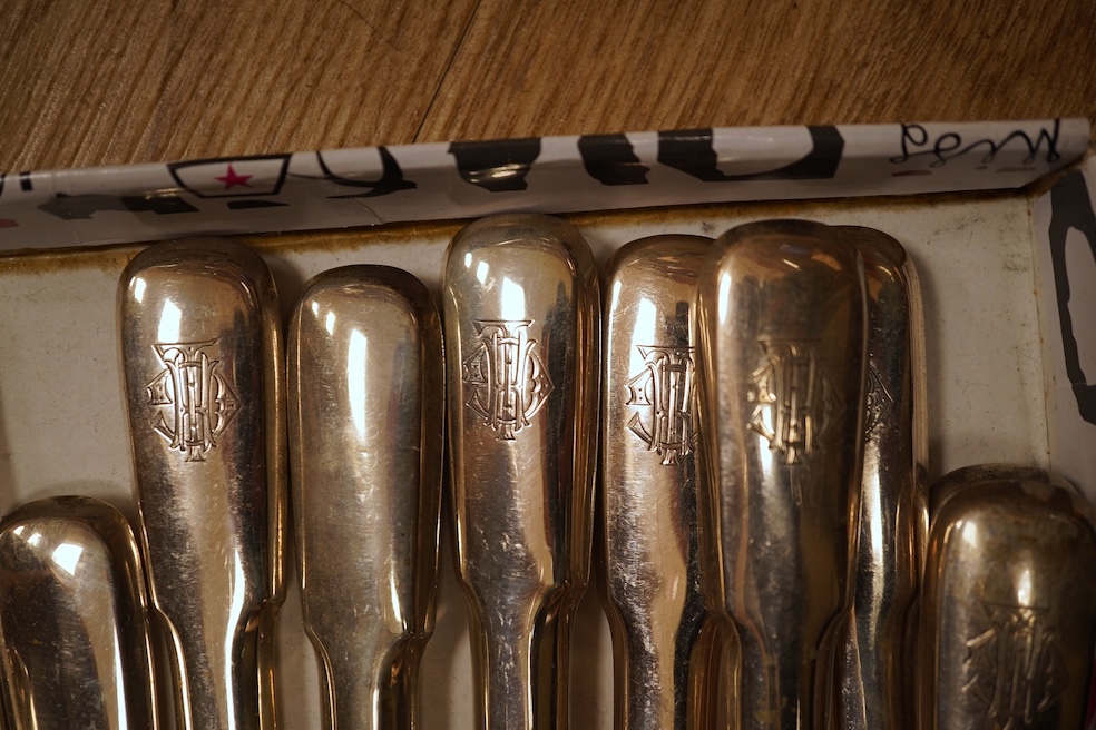 A set of nine Austro-Hungarian white metal handled table knives, 26cm. and nine matching dessert knives, all with engraved monogram and re-bladed.